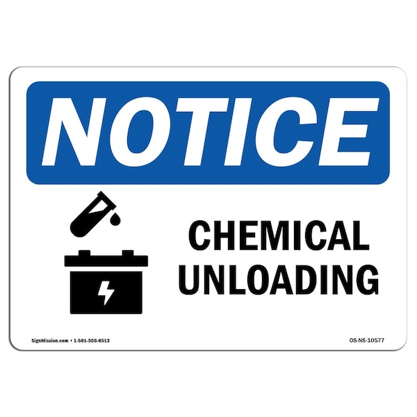 Safety Sign, OSHA Notice, 3.5" Height, Chemical Unloading Sign With Symbol, Landscape, 10PK